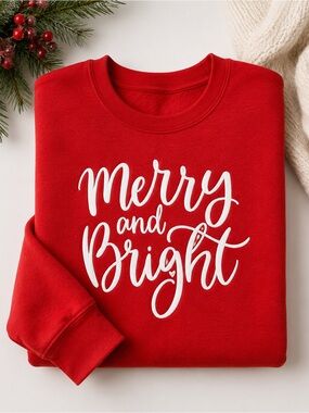 Festive Red Merry & Bright Cursive Holiday Sweatshirt 
Cozy Lightweight Top